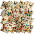 Collage of vintage fabric squares featuring butterflies and floral designs on aged paper backgrounds.