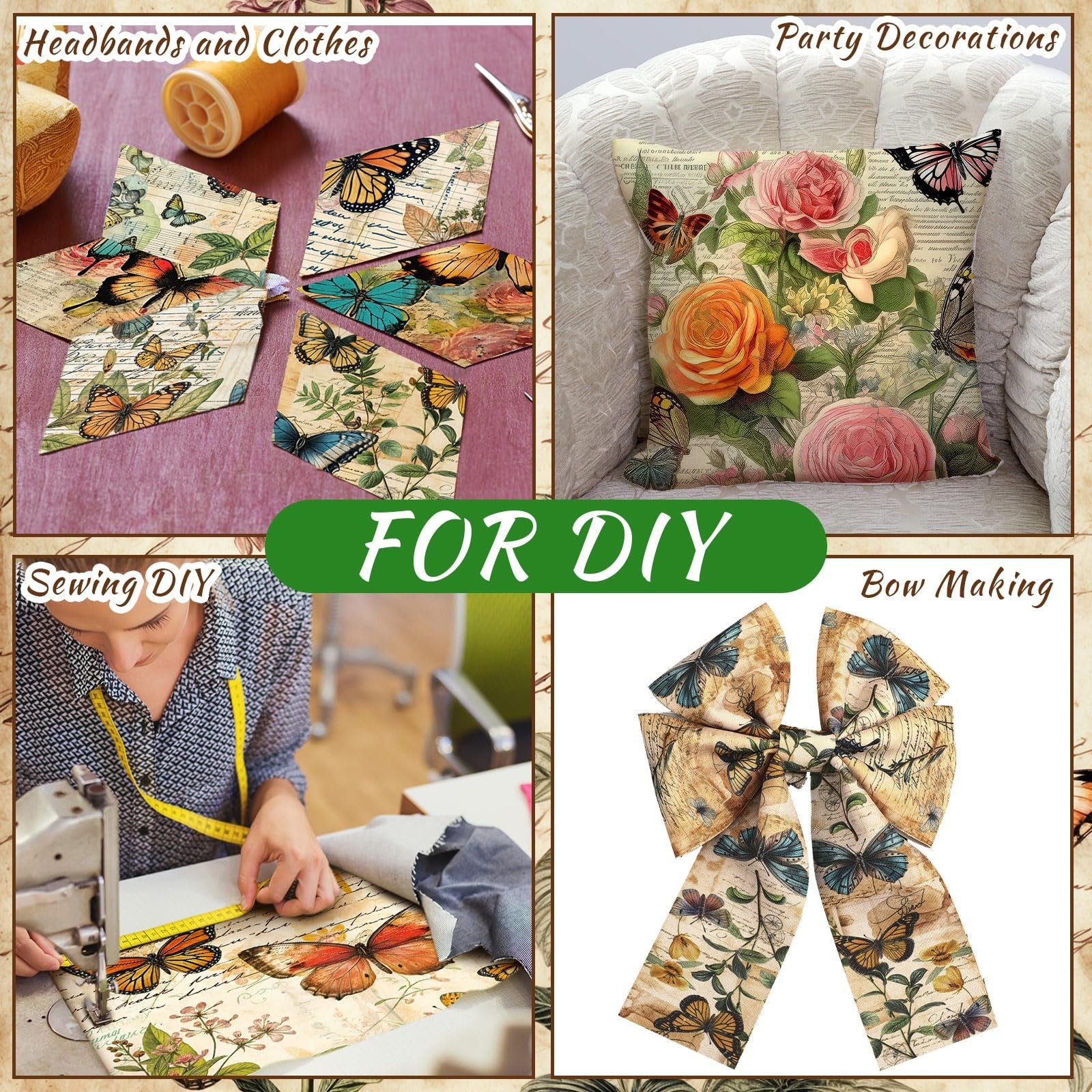 Collage of vintage butterfly fabric squares, a decorative pillow, a person sewing, and a fabric bow.