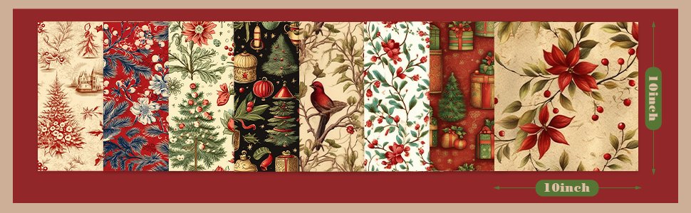 Collection of vintage Christmas fabric squares with festive patterns including trees, ornaments, and poinsettias.