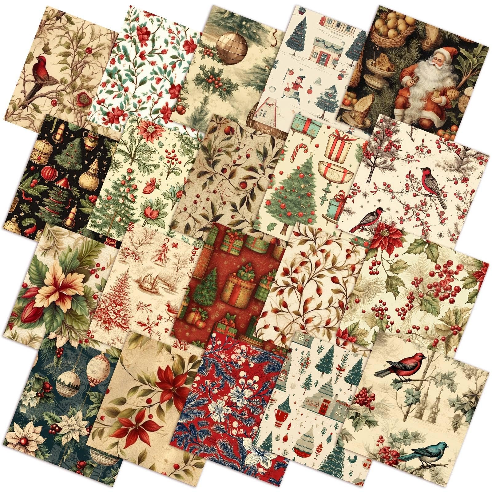 Assortment of 60 vintage Christmas-themed fabric squares with various festive patterns like poinsettias, holly, Santa, and birds.