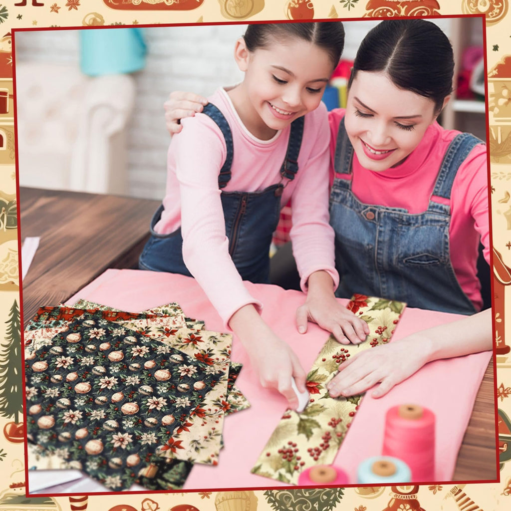 Mother and daughter crafting with vintage Christmas fabric squares on a wooden table, with spools of thread nearby.