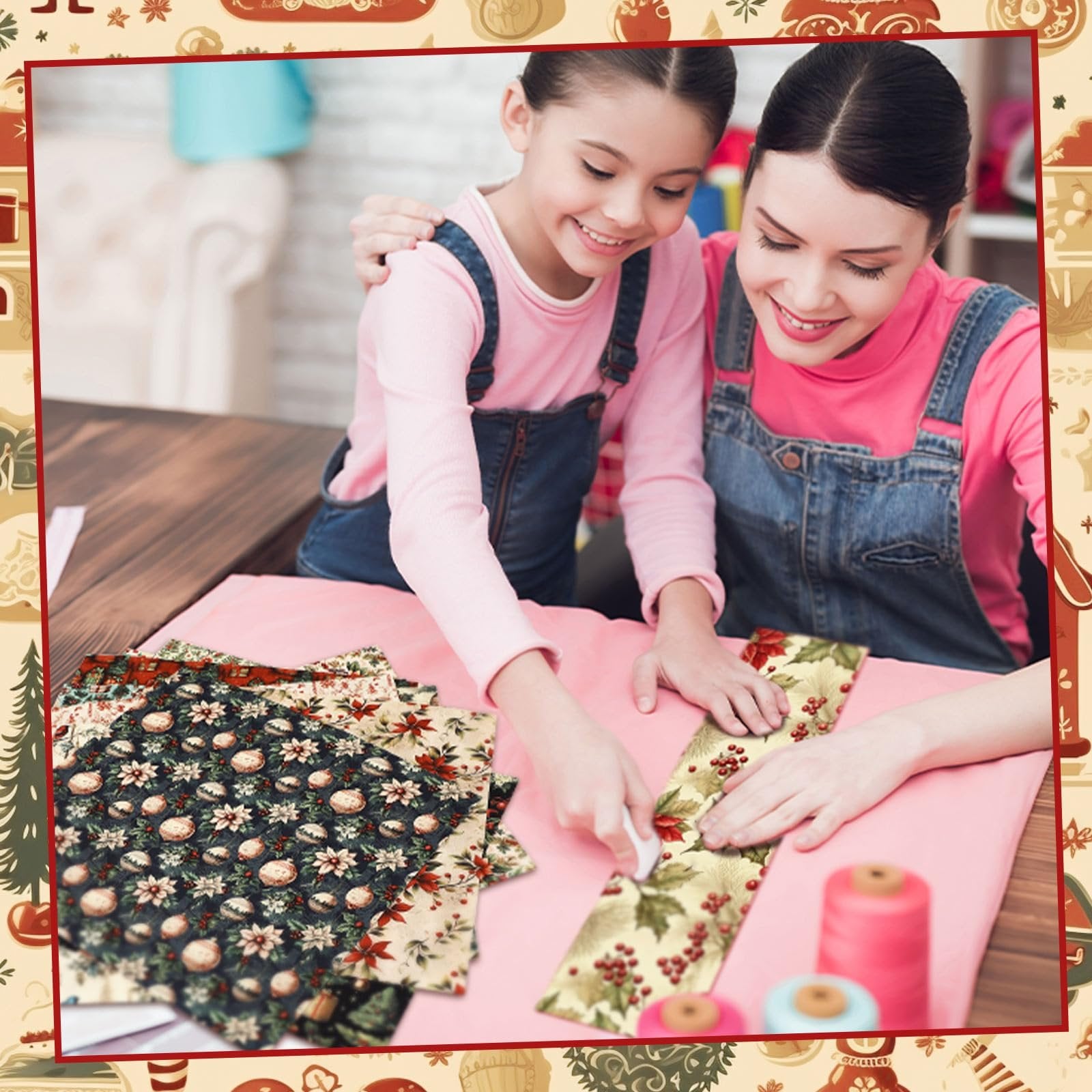 Mother and daughter crafting with vintage Christmas fabric squares on a wooden table, with spools of thread nearby.