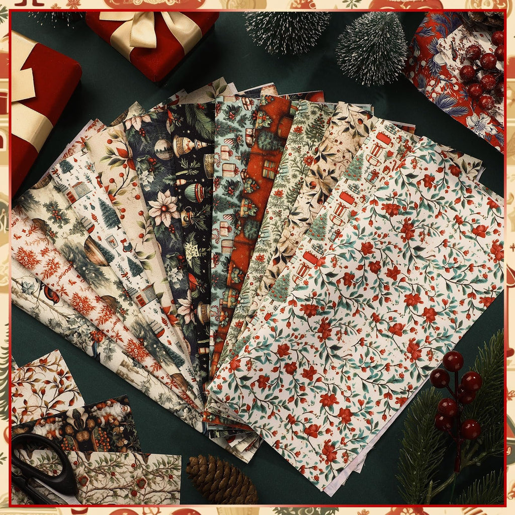 Stack of vintage Christmas themed fabric squares with floral, tree, and gift patterns, arranged on a dark green surface with decorative elements.