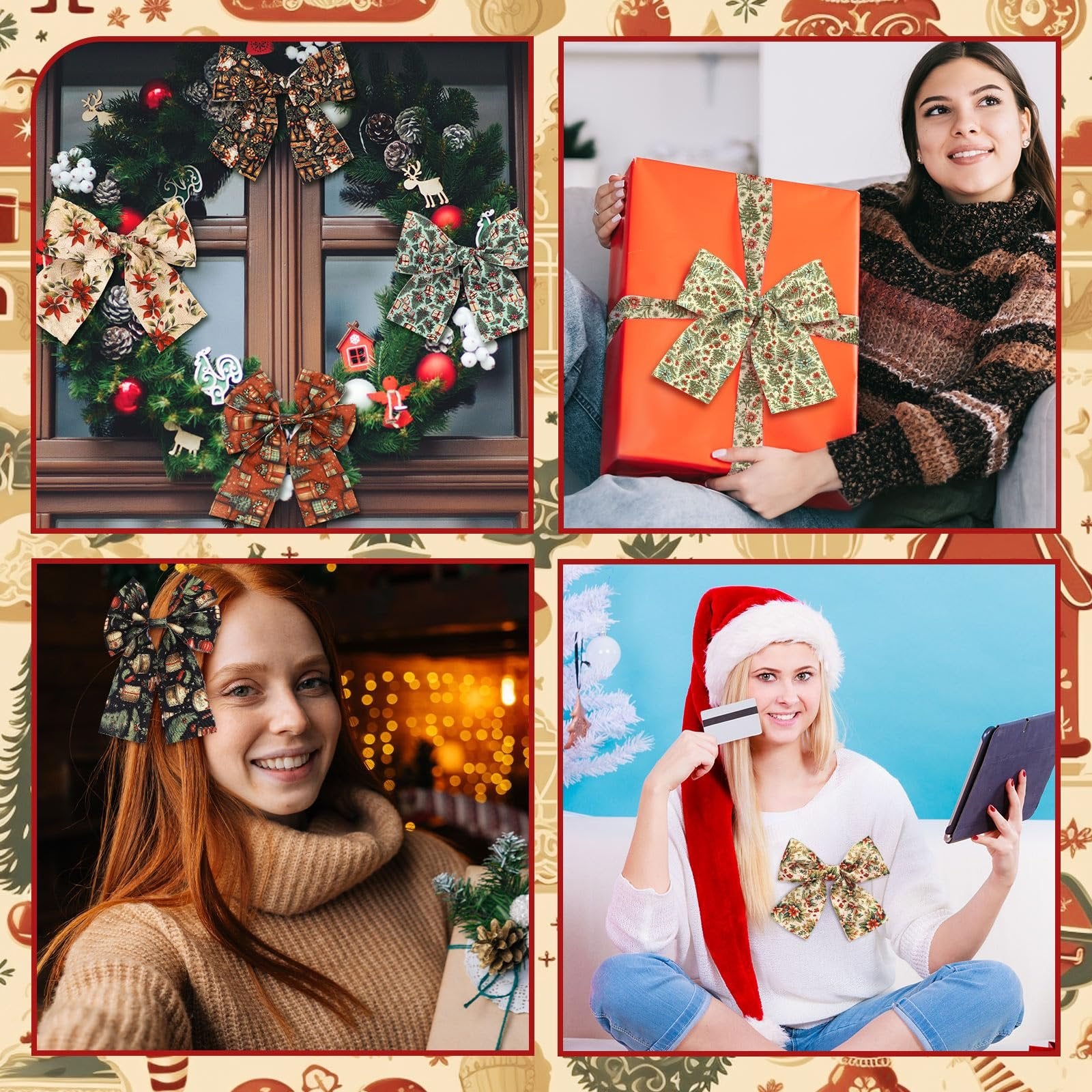 Collage of Christmas-themed bows used for decoration and gifts, including on a wreath, a wrapped present, and worn by people.