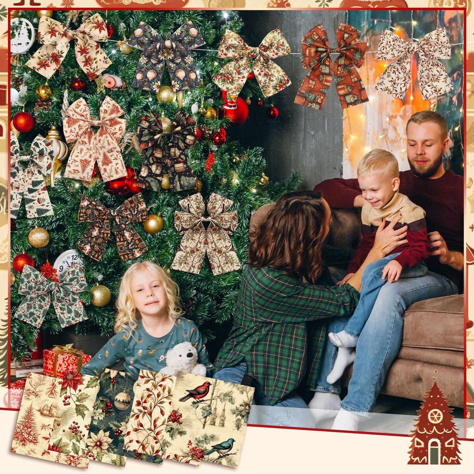 Family decorating a Christmas tree with festive bows, showing fabric squares with vintage holiday patterns.
