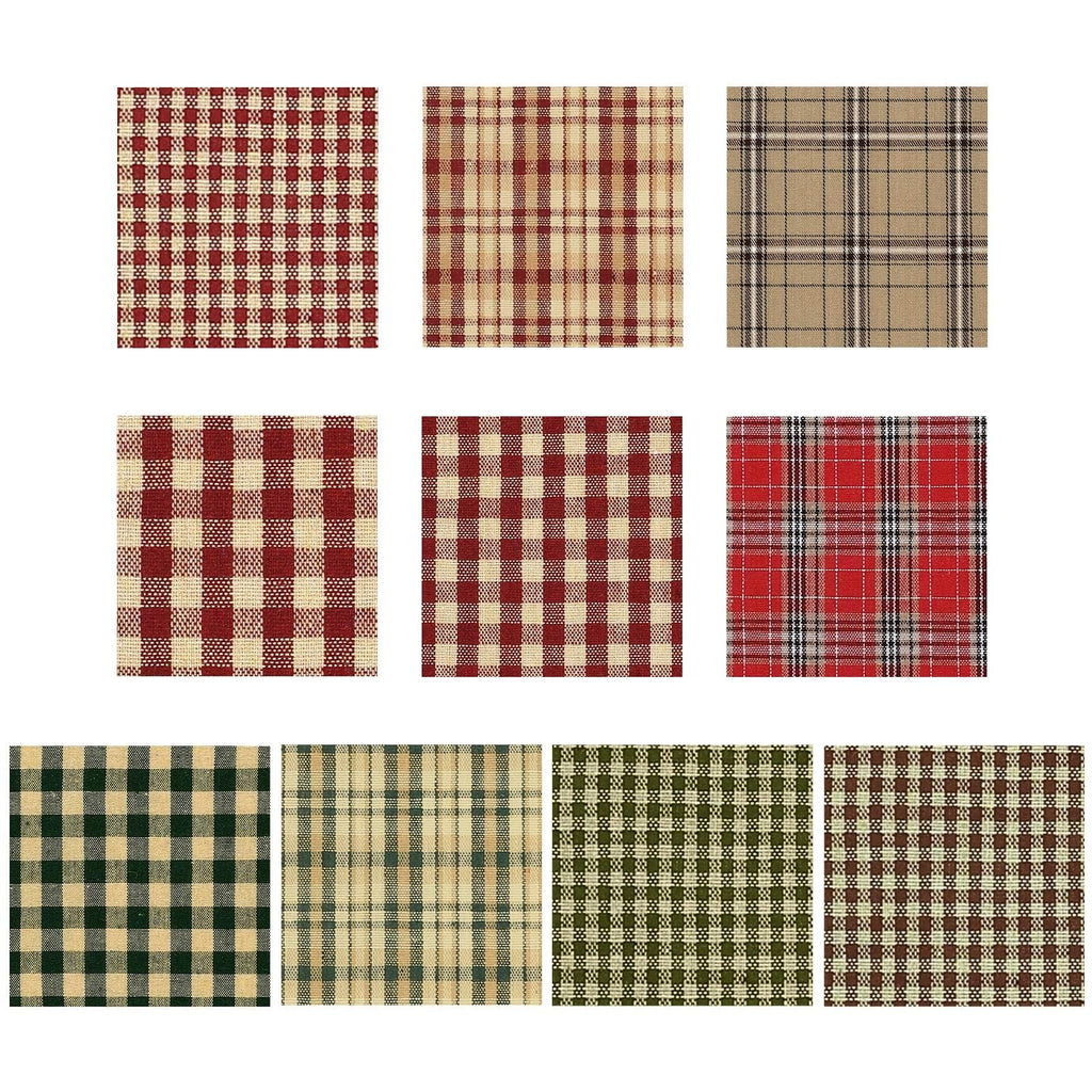 Nine fabric squares with various plaid and gingham patterns in red, beige, green, and brown.