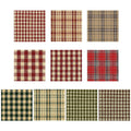Nine fabric squares with various plaid and gingham patterns in red, beige, green, and brown.