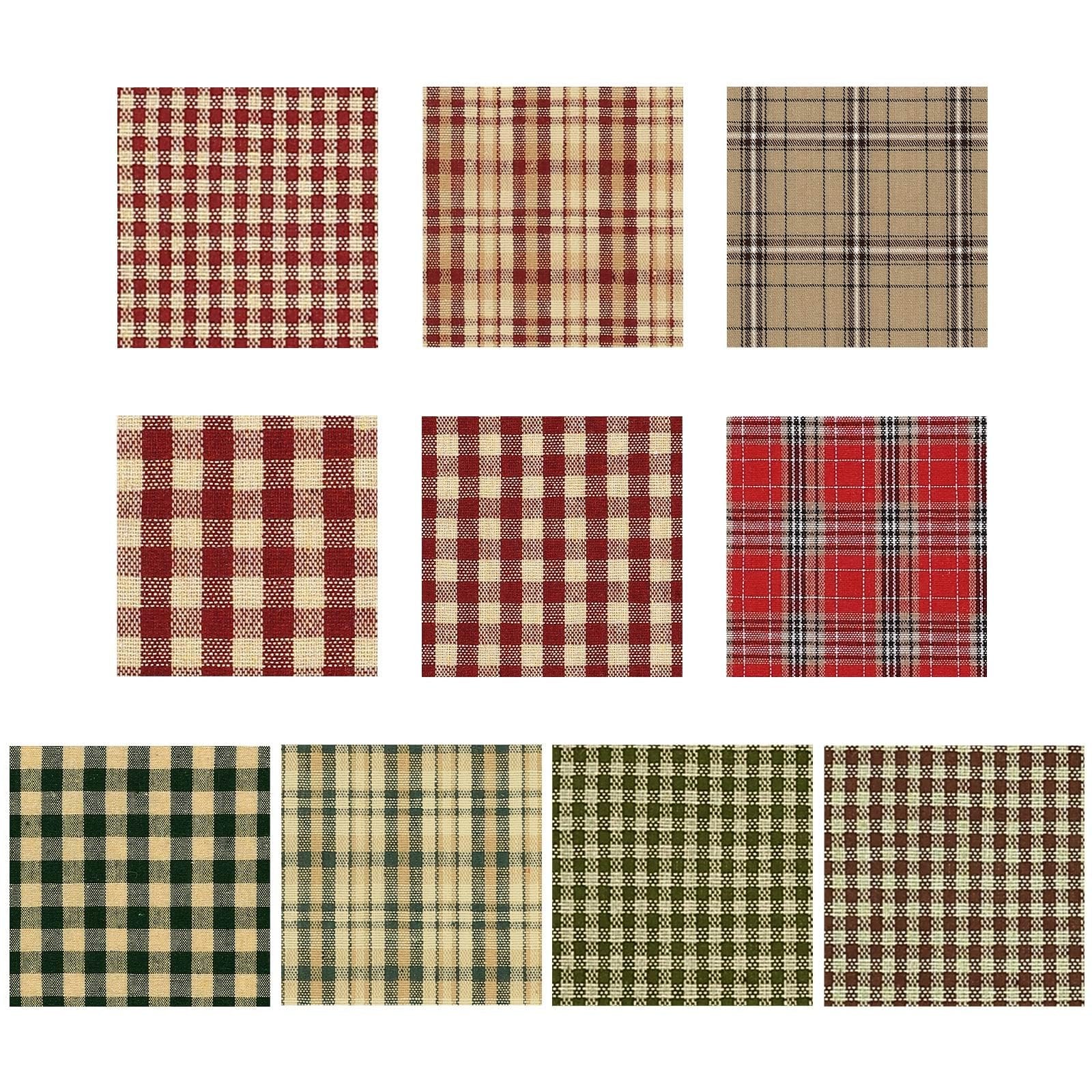 Nine fabric squares with various plaid and gingham patterns in red, beige, green, and brown.
