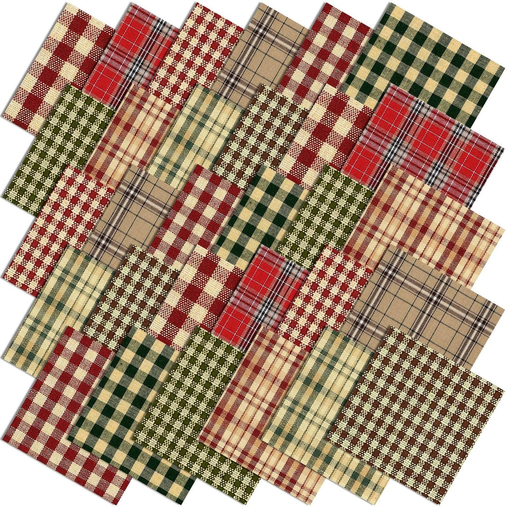 Assortment of 60 vintage plaid quilting fabric squares in red, green, and tan colors, arranged diagonally.