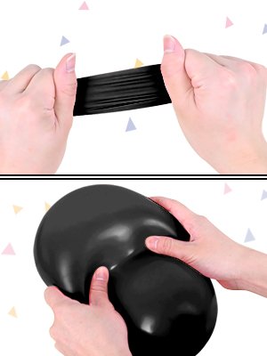 Hands stretching a black latex balloon and holding a deflated black latex balloon