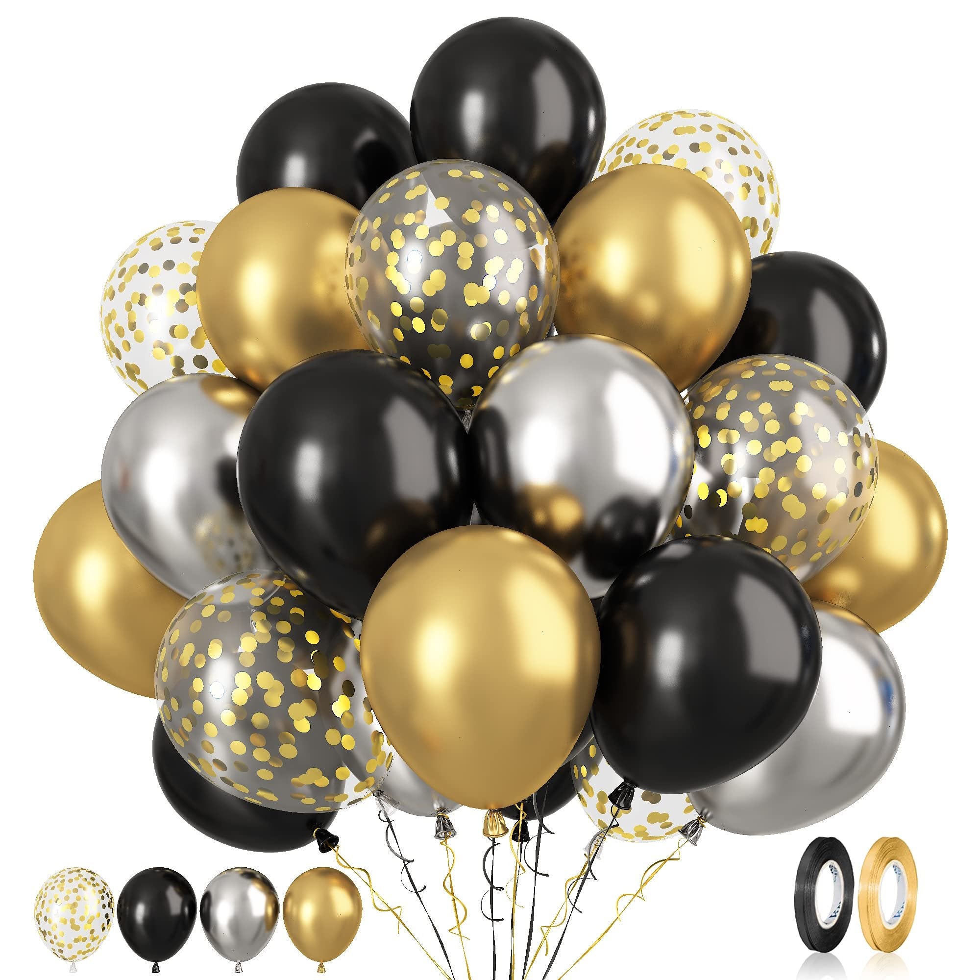 A bouquet of black, gold, silver, and confetti balloons with ribbons and two rolls of ribbon on a white background.