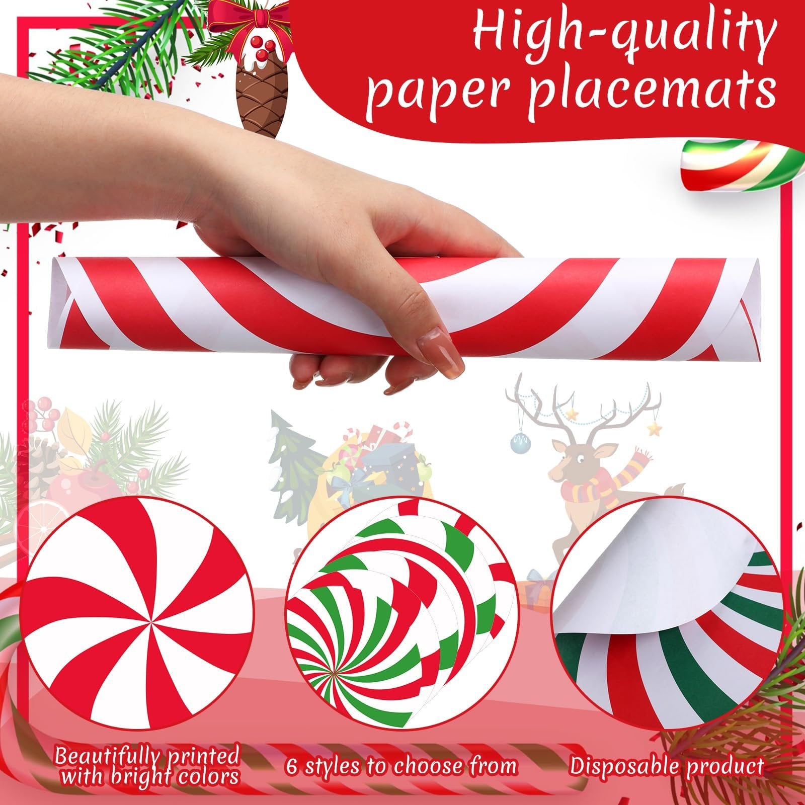 Hand holding rolled Christmas candy cane striped paper placemat with examples of designs shown below