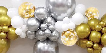 Metallic gold, silver, and white confetti balloon garland arch for party decoration