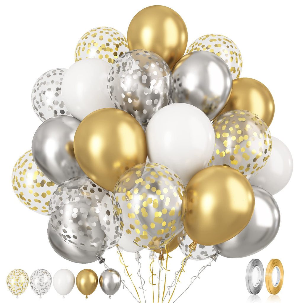 Assortment of metallic gold, silver, and white confetti balloons with ribbons and two rolls of ribbon.