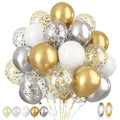 Assortment of metallic gold, silver, and white confetti balloons with ribbons and two rolls of ribbon.