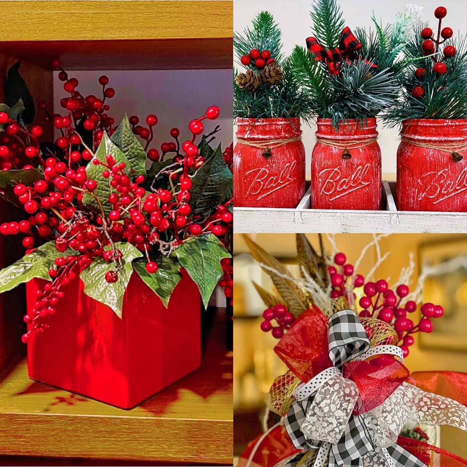 Collage of Christmas floral arrangements: red berry stems in a red square vase, pine branches with red berries in red Ball jars, and a festive bow with berries and pine sprigs.