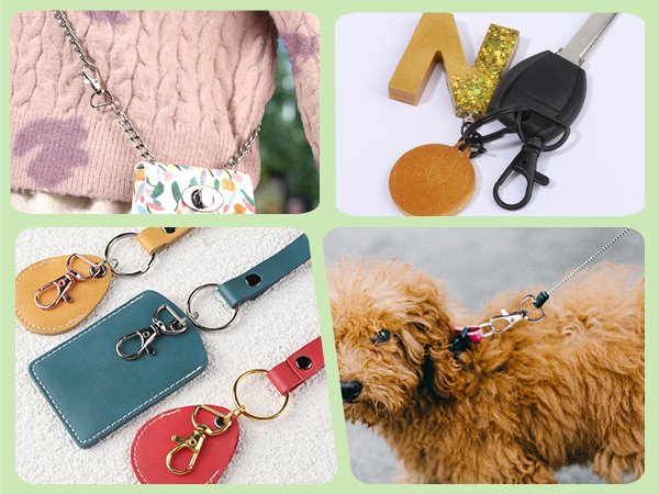 Collage of lobster claw clasps used for keychains, lanyards, and dog leashes