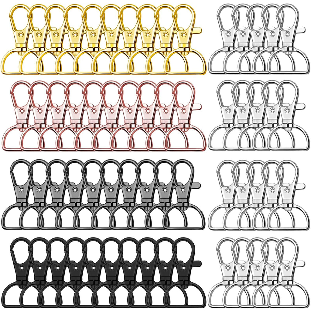 Assortment of 60 lobster claw clasps in gold, rose gold, gunmetal, black, and silver finishes, arranged in rows on a white background.