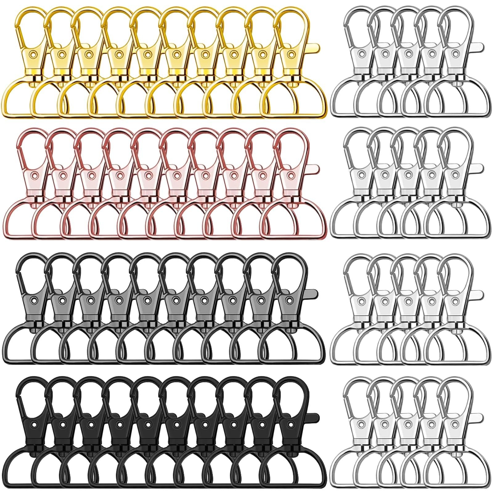 Assortment of 60 lobster claw clasps in gold, rose gold, gunmetal, black, and silver finishes, arranged in rows on a white background.