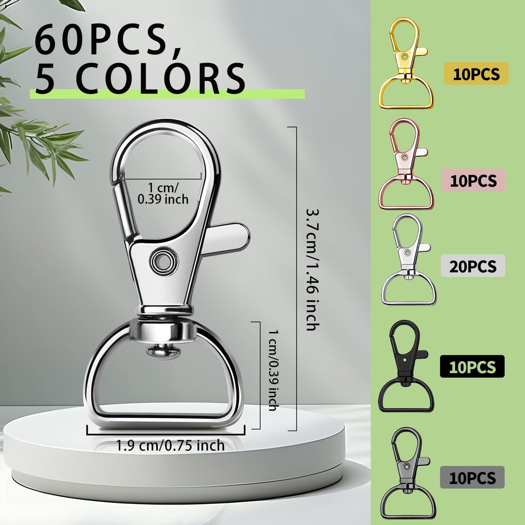 Set of 60 lobster claw clasps in 5 colors, with dimensions and quantity callouts.