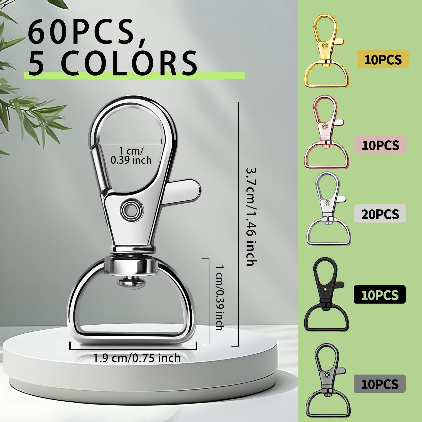 Set of 60 lobster claw clasps in 5 colors, with dimensions and quantity callouts.