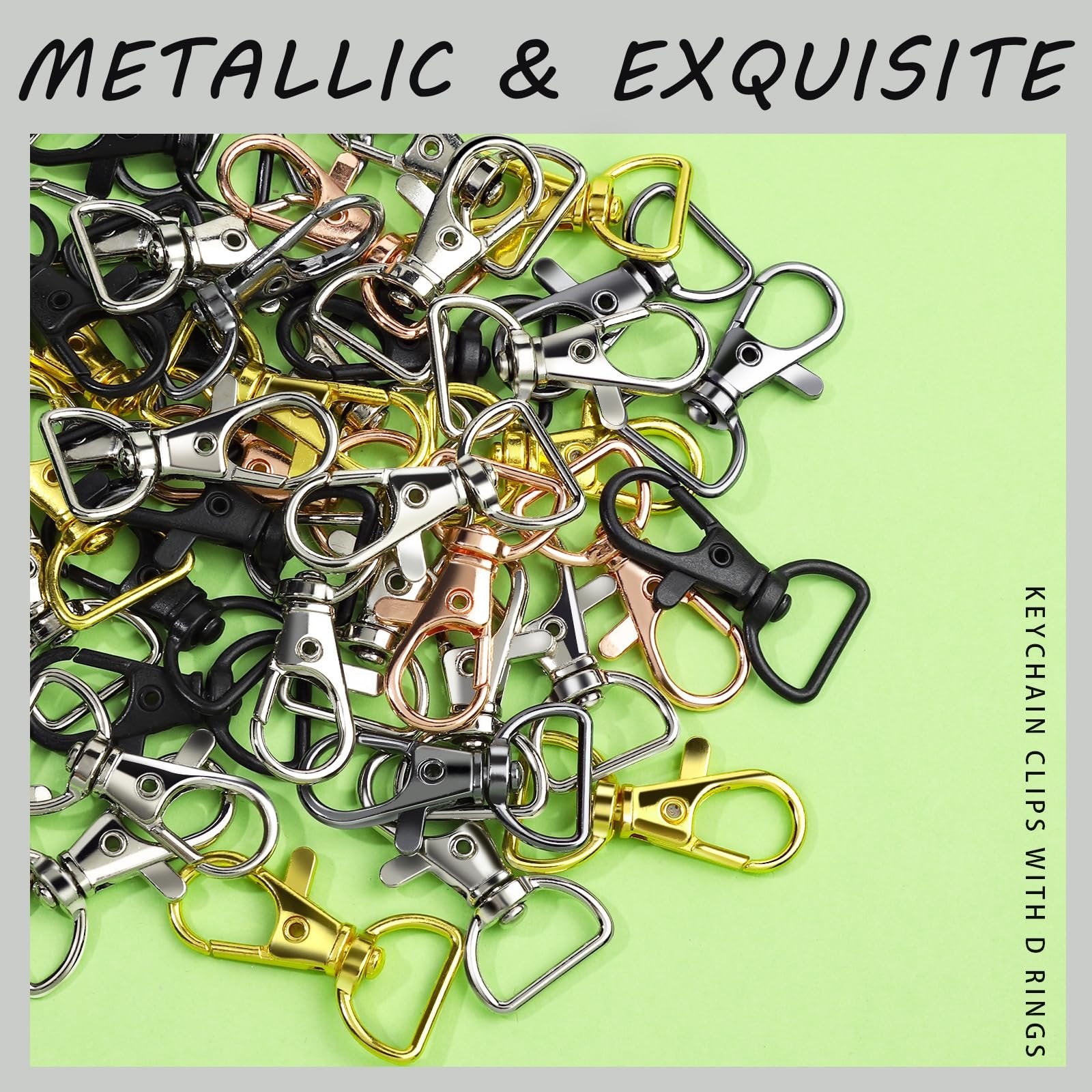 Pile of assorted color lobster claw clasps with D-rings for crafts and jewelry making.