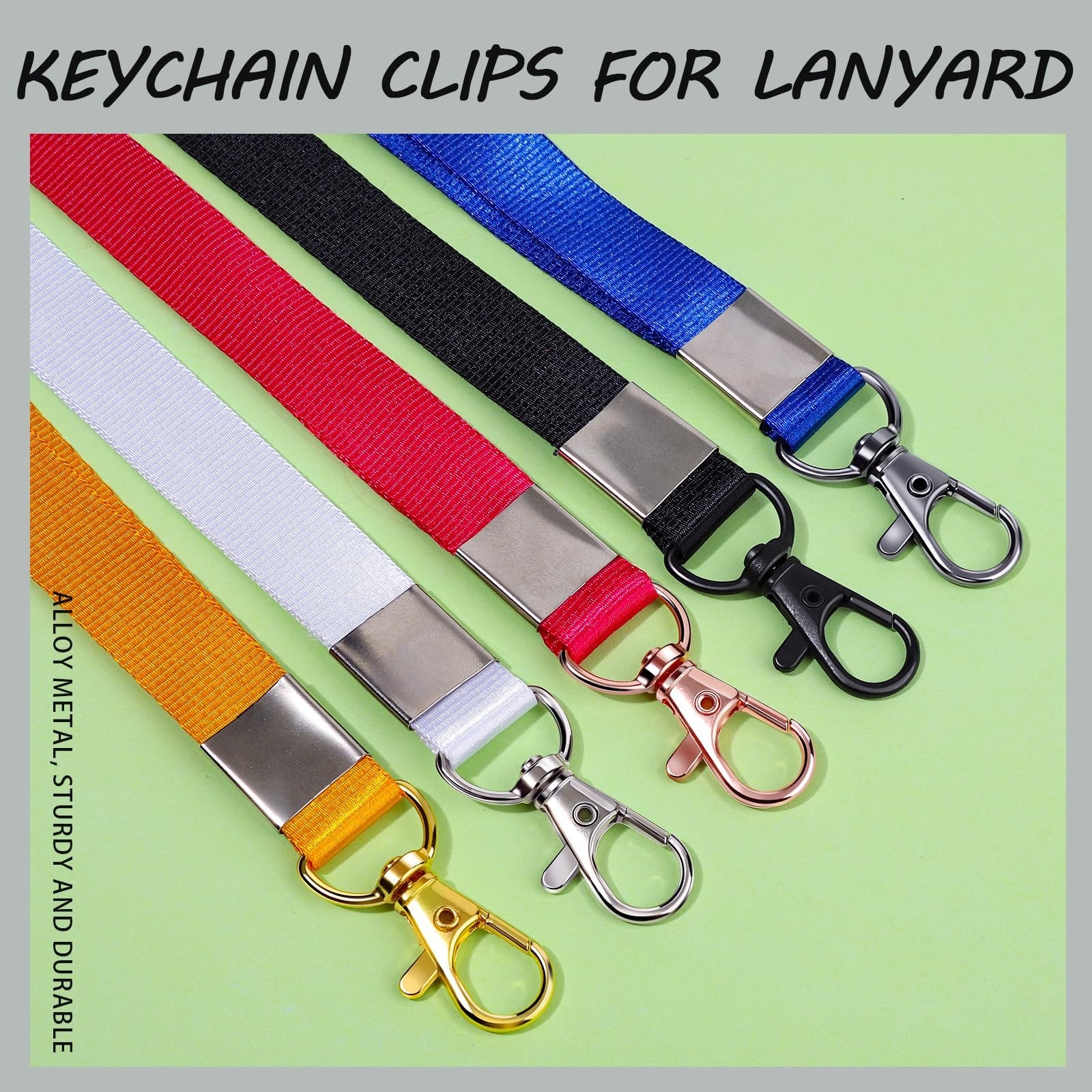 Assortment of five colorful lanyards with metal clasps, displayed diagonally on a light green background.