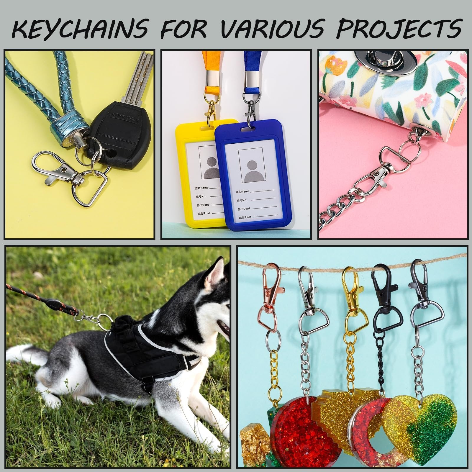 Collage of lobster claw clasps and keychains used for various projects, including keys, ID badges, a handbag, a dog harness, and decorative resin charms.