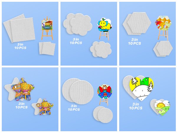 Six panels showing various shapes of mini canvas boards for painting, including squares, hexagons, flowers, stars, circles, and hearts, with some examples of painted designs.