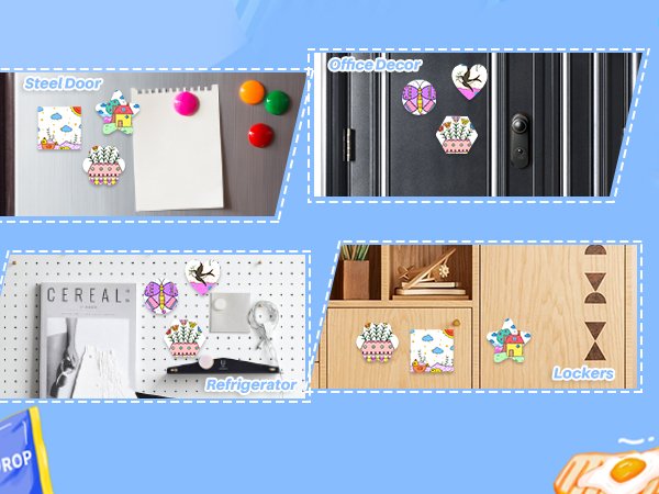 Collage of mini canvas magnets in various shapes and designs displayed on different surfaces like a steel door, refrigerator, and lockers.