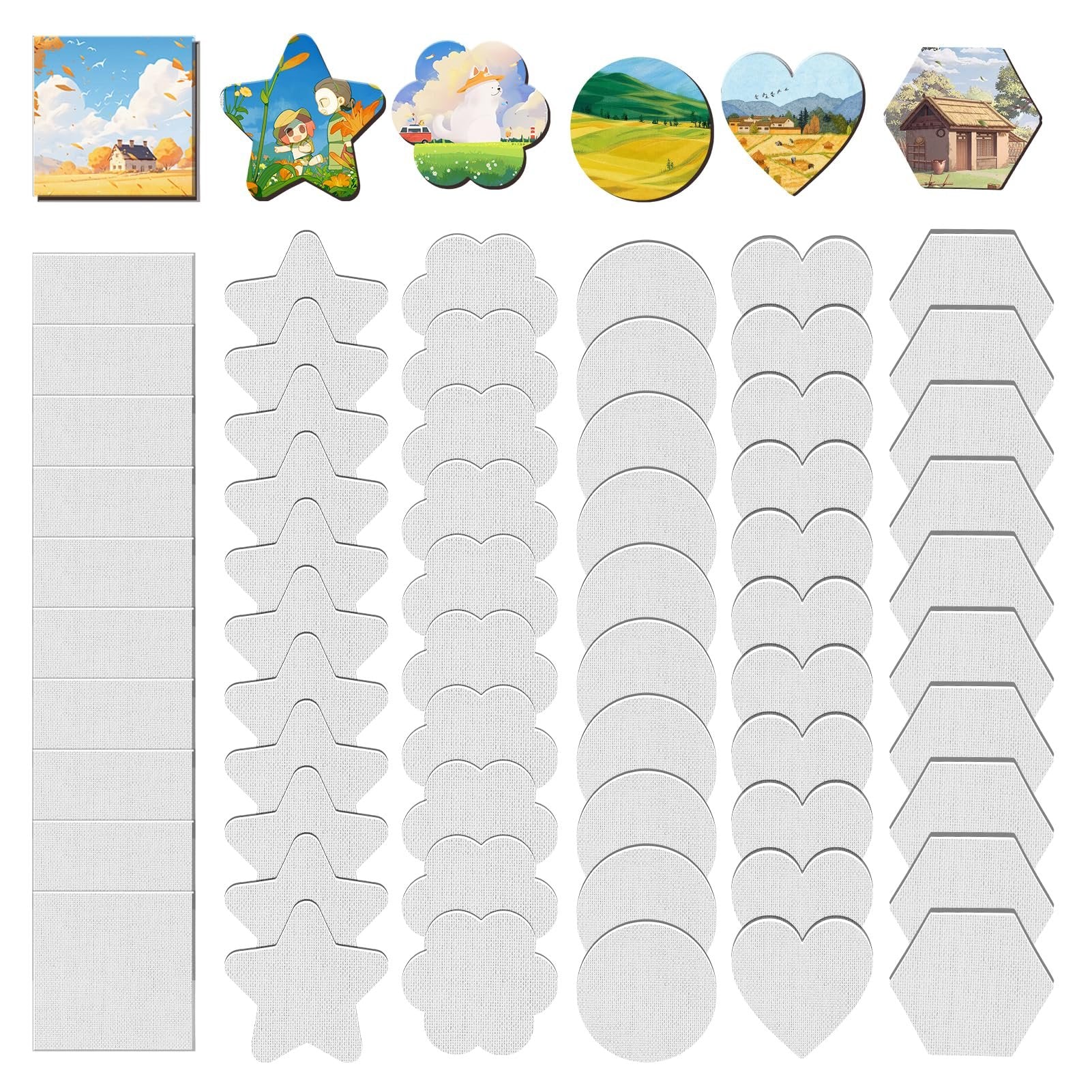 Assortment of 60 mini canvas boards in various shapes including squares, stars, hearts, circles, hexagons, and flowers, some with scenic illustrations.