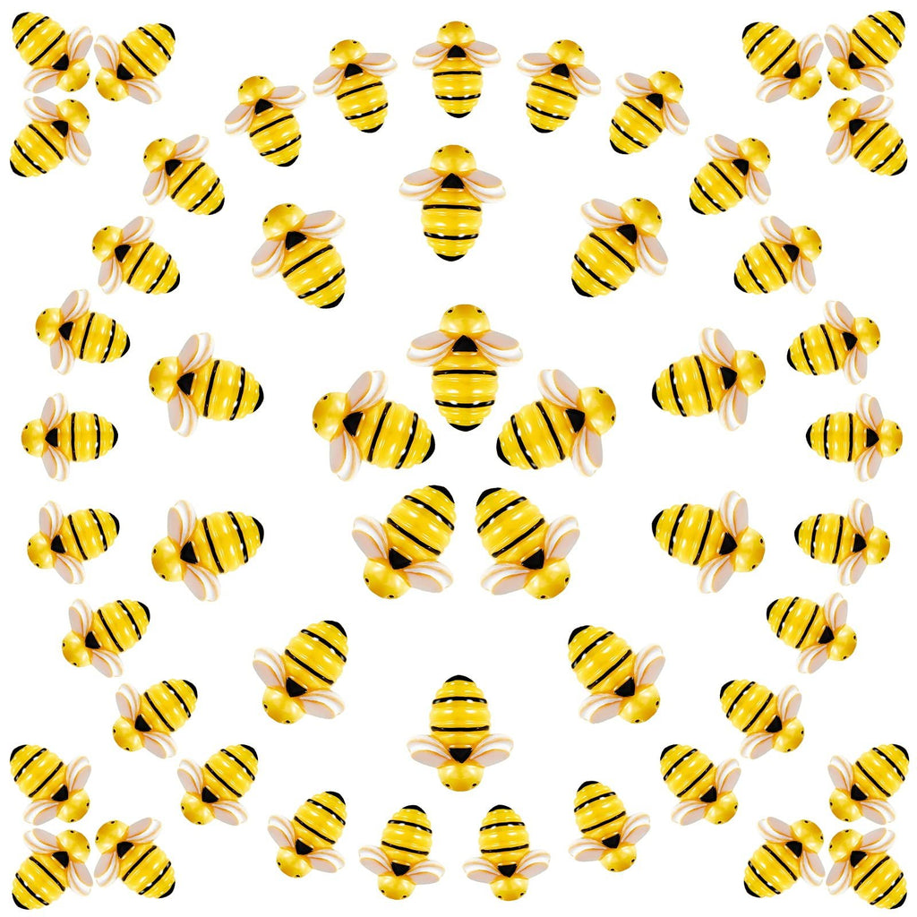 Pattern of small yellow and black resin bees with white wings, scattered on a white background.