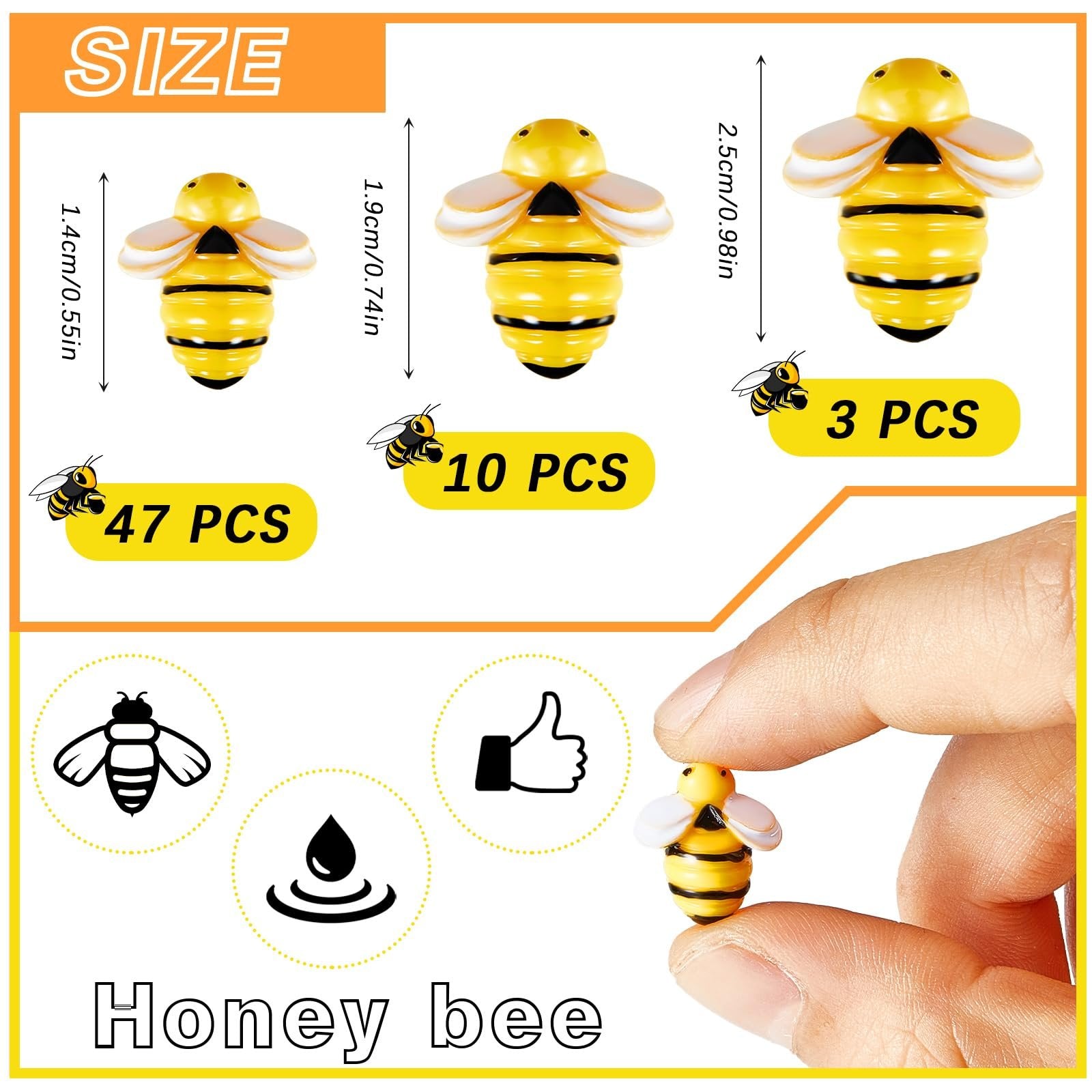 Three sizes of miniature resin bees shown with quantity counts and dimensions, held by a finger.