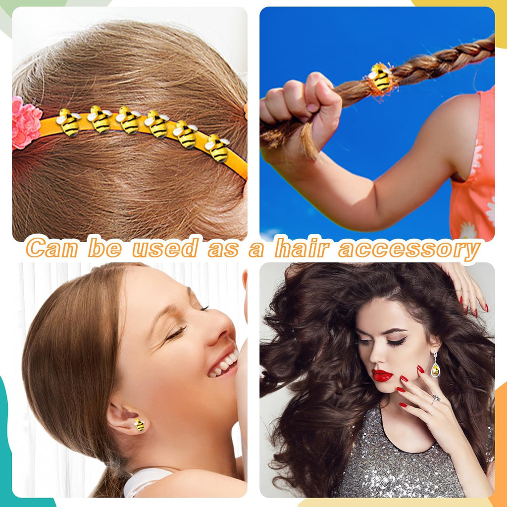 Collage showing tiny resin bees used as hair accessories on a headband, in a braid, and as earrings.
