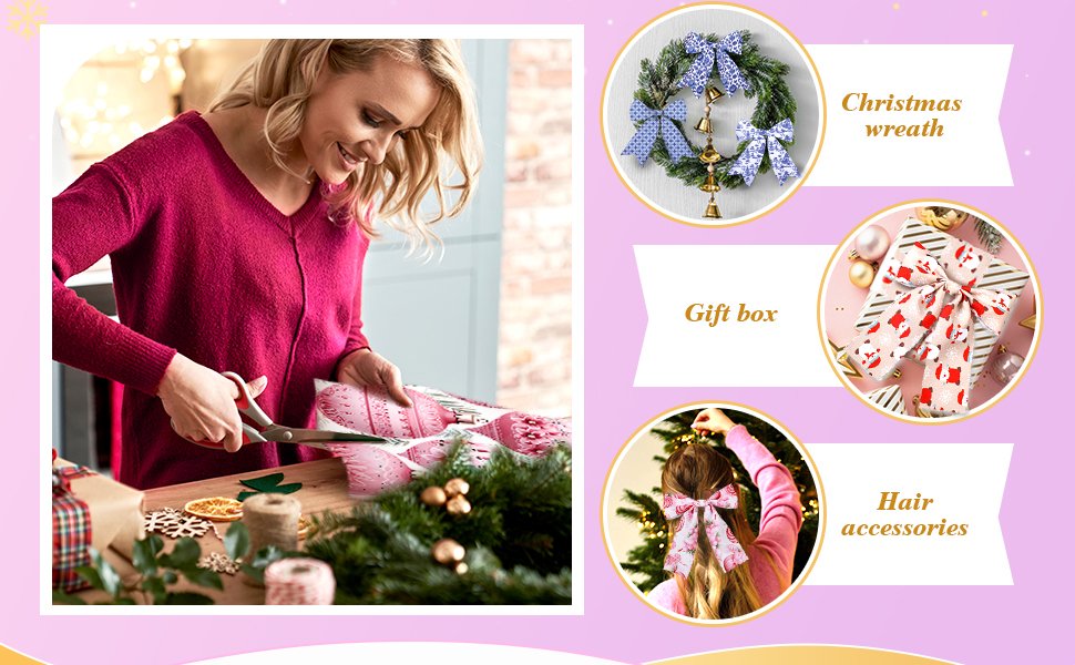 Woman cutting fabric with scissors, surrounded by Christmas crafting supplies. Side panels show wreath, gift box, and hair accessories.
