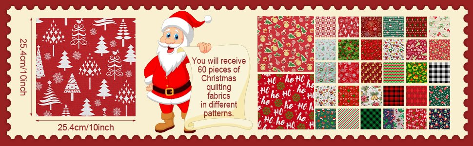 Christmas fabric squares with snowman and tree prints, shown with Santa and fabric pattern examples.