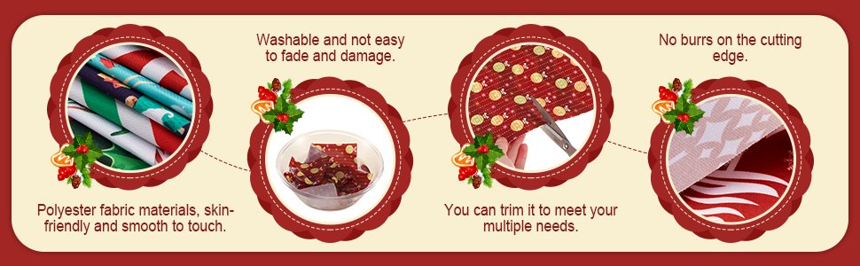 Four circular panels showcasing Christmas fabric squares, demonstrating material properties and usability for crafts.