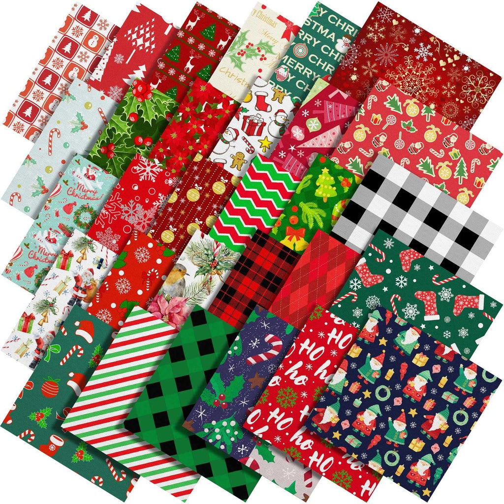 A collection of 60 Christmas-themed fabric squares with various festive prints like snowmen, trees, and Santa Claus.