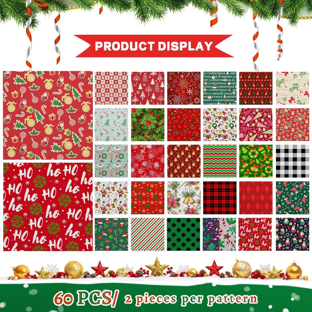 Collage of Christmas-themed fabric squares with various patterns like snowmen, trees, candy canes, and holly.