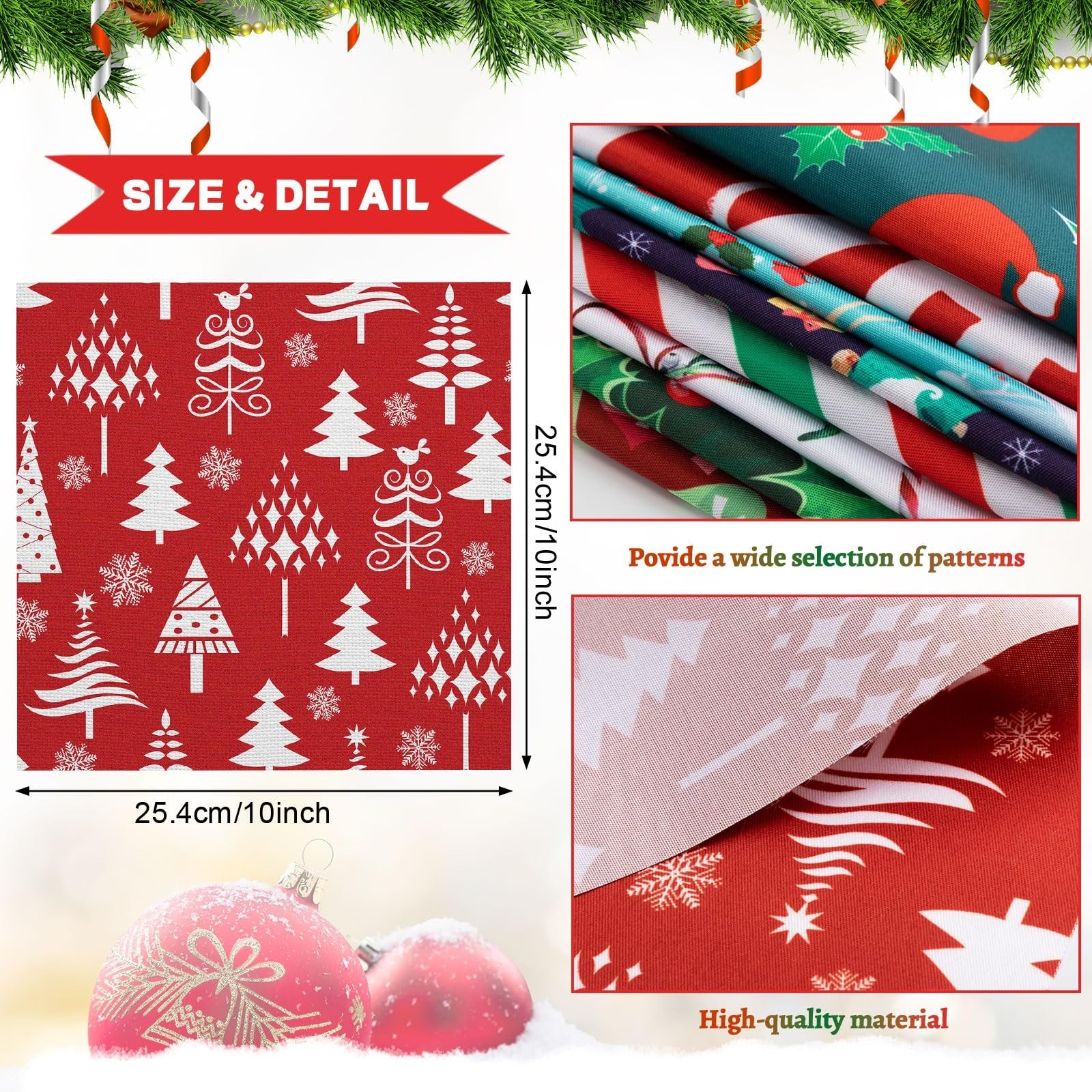 Christmas fabric squares with snowman and tree prints, shown with size details and folded fabric samples.