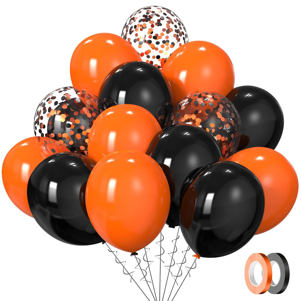 A bouquet of black, orange, and confetti balloons with ribbon and two rolls of tape.