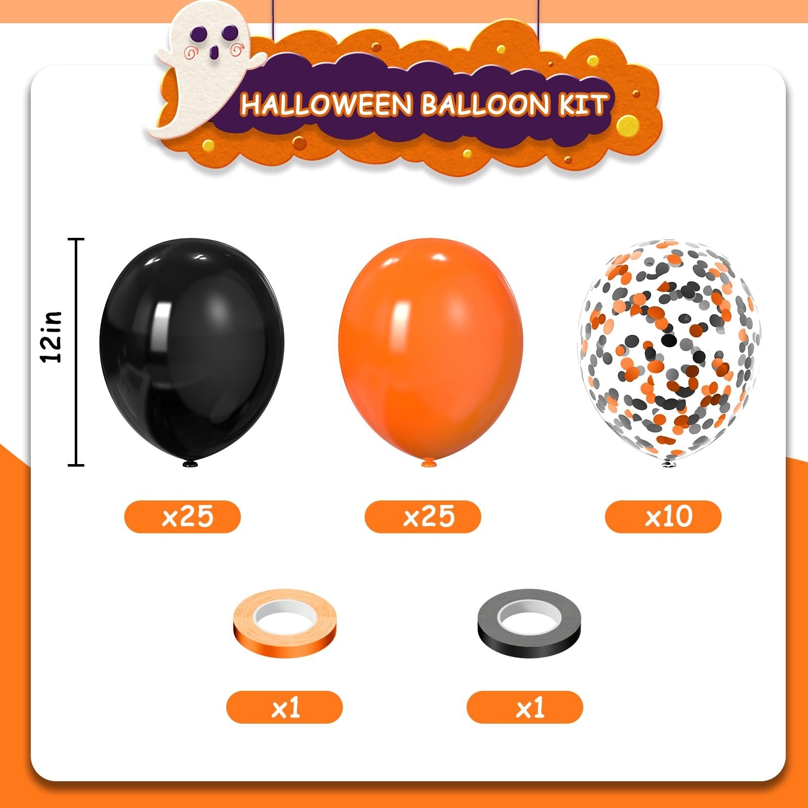 Halloween balloon kit with black, orange, and confetti balloons, plus ribbon and tape