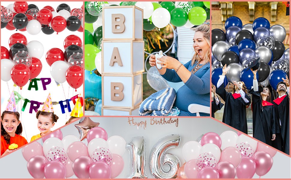 Collage of party balloons and celebrations: red, black, white, and confetti balloons; baby shower blocks; pregnant woman; graduates tossing caps; pink and silver balloons with 'Happy Birthday 16' banner.