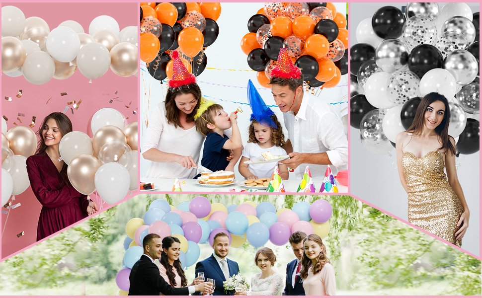 Collage of people celebrating with balloons at parties and weddings