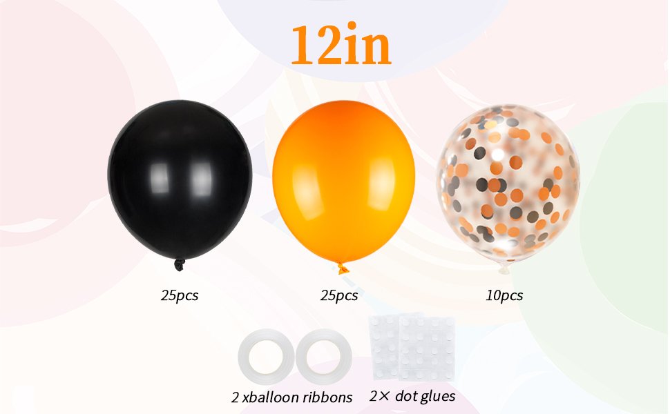 Set of black, orange, and confetti balloons with balloon ribbons and glues