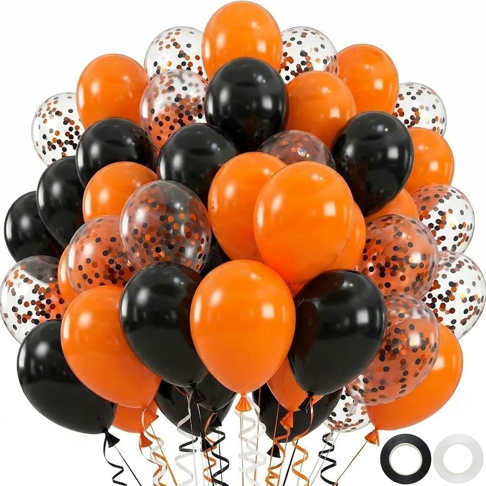 A large cluster of black, orange, and confetti-filled balloons with ribbons and two rolls of tape at the bottom.
