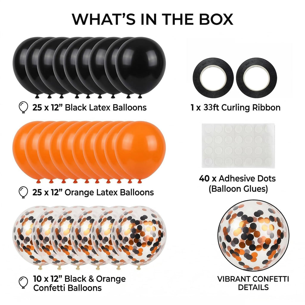 Contents of a balloon set: black latex balloons, orange latex balloons, confetti balloons, curling ribbon, and adhesive dots.