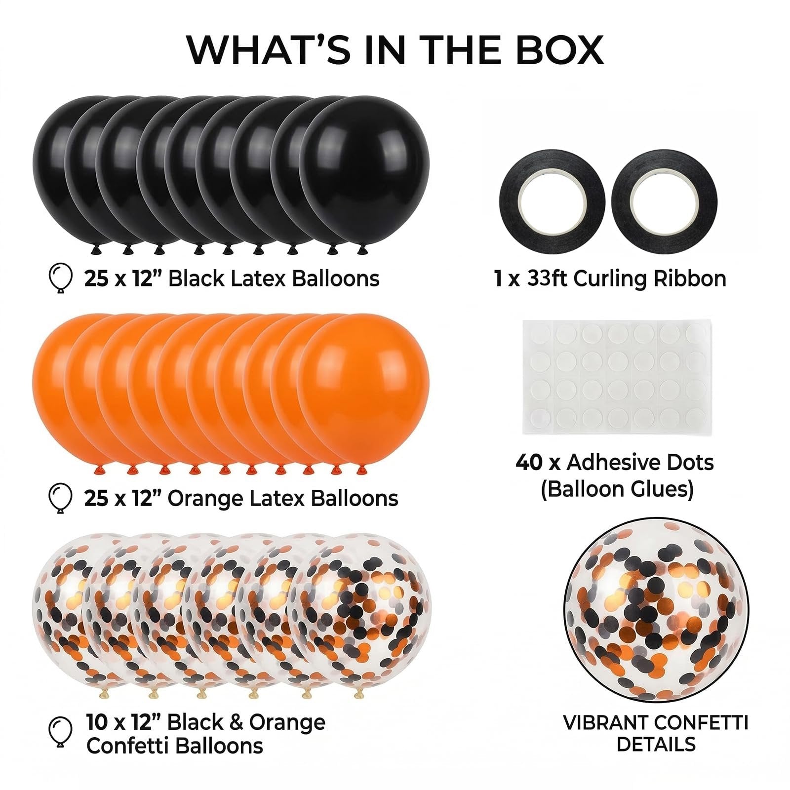 Contents of a balloon set: black latex balloons, orange latex balloons, confetti balloons, curling ribbon, and adhesive dots.