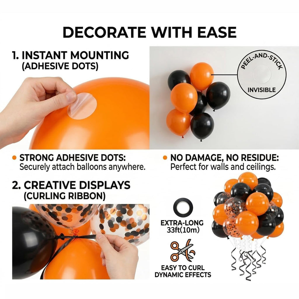 Black and orange balloons with confetti, demonstrating adhesive dots and curling ribbon for decoration.