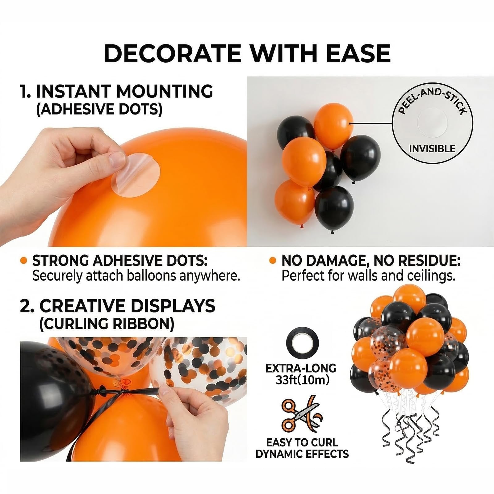 Black and orange balloons with confetti, demonstrating adhesive dots and curling ribbon for decoration.